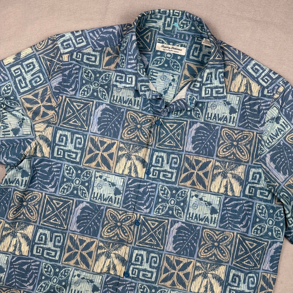 Tommy Bahama IslandZone Bahama Coast Hawaii Shirt Blue XL Mens Recycled Stretch